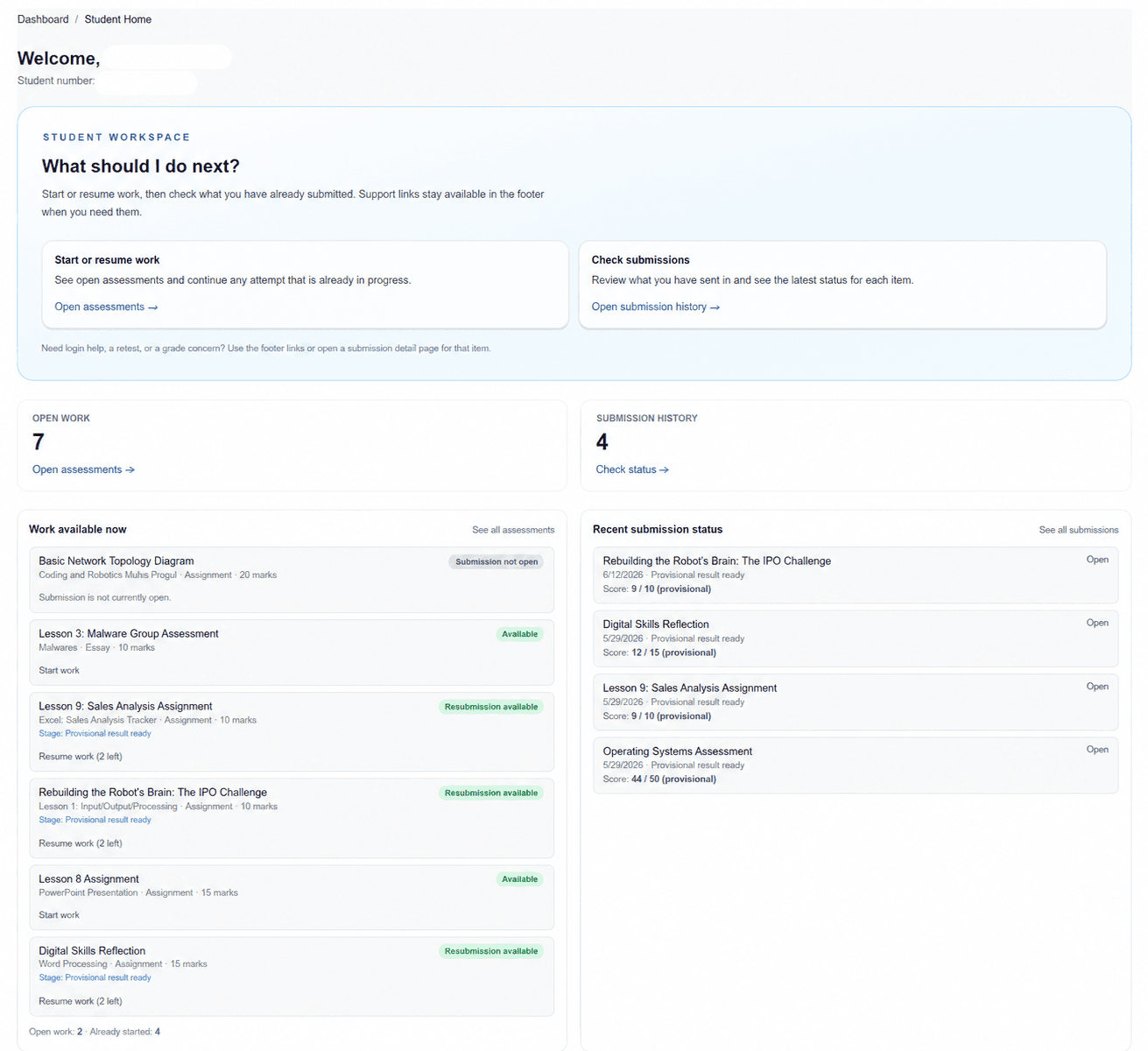 Student workspace for assessments with learner details hidden