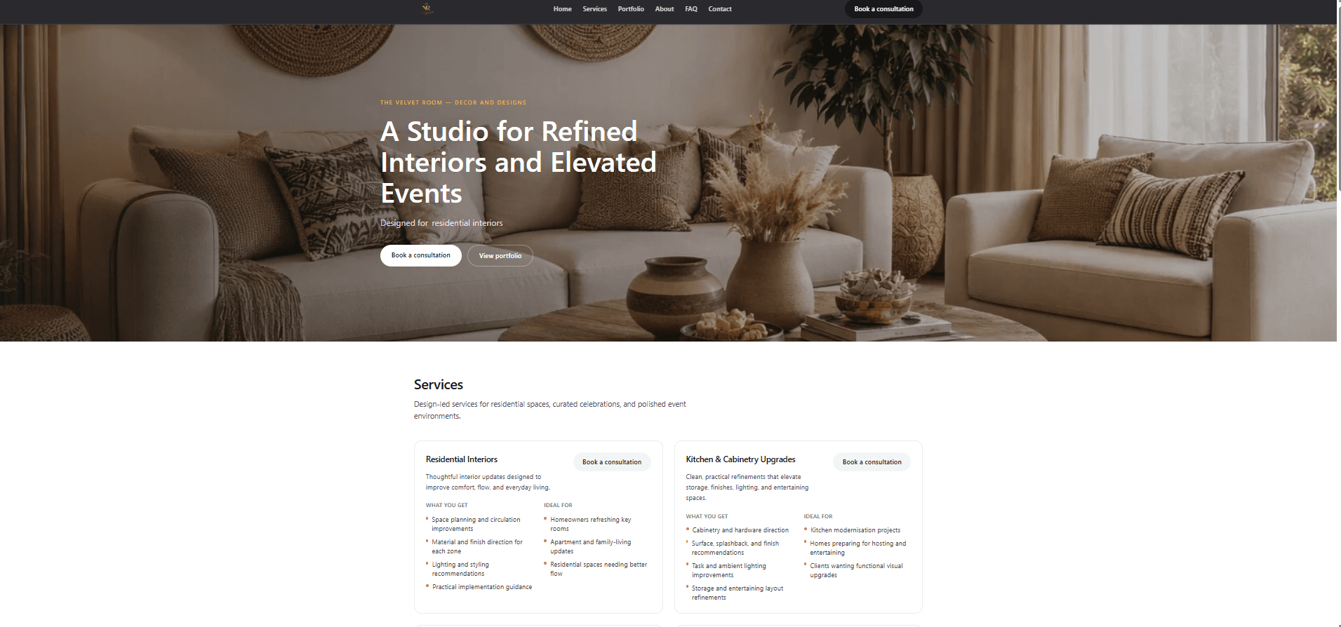 Velvet Room interior design website homepage